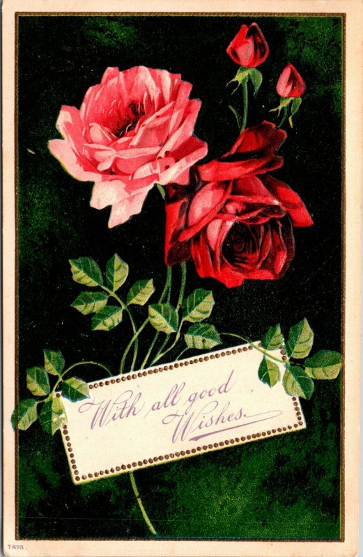 WITH ALL GOOD WISHES - ROSES FLOWERS - VINTAGE POSTCARD - 1908