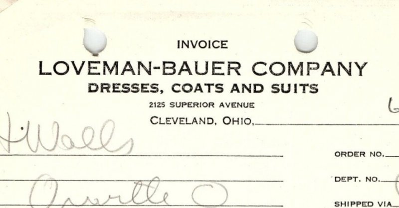 1938 LOVEMAN-BAUER CO. CLEVELAND OH DRESSES COATS SUITS BILLHEAD INVOICE Z1188