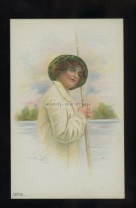 su3761 - Glamour - Alpha, Lady holding a Bamboo Pole , by U/K Artist - postcard