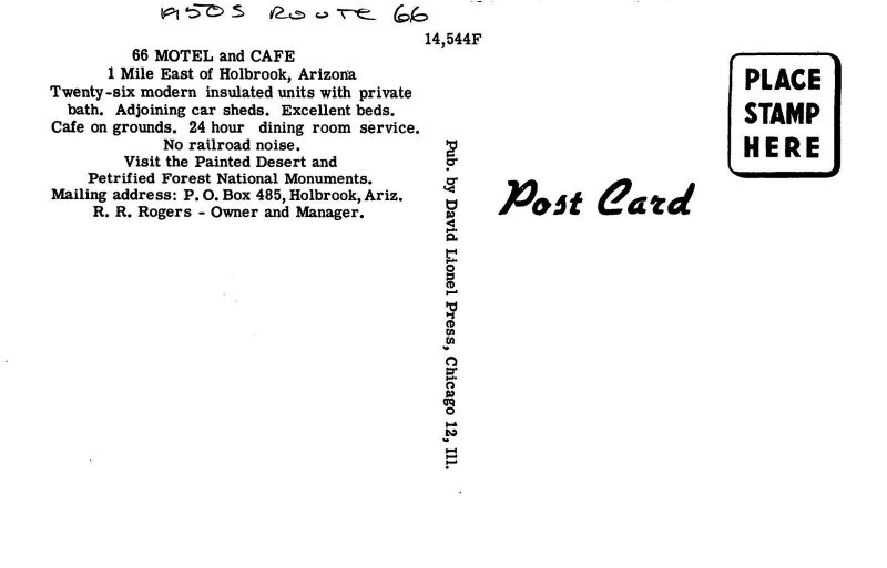 Postcard 1950s Arizona Holbrook Route 66 Motel & Cafe Lionel Pres AZ24-1887