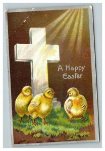 Vintage 1913 Winsch Back Easter Postcard Cute Chicks Giant Cross Heavenly Light