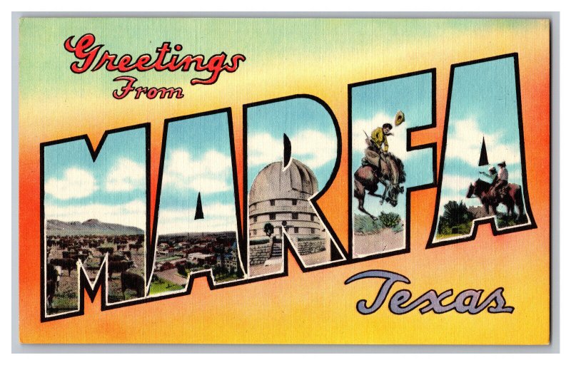 Postcard TX Greetings From Marfa Texas LARGE Letter 