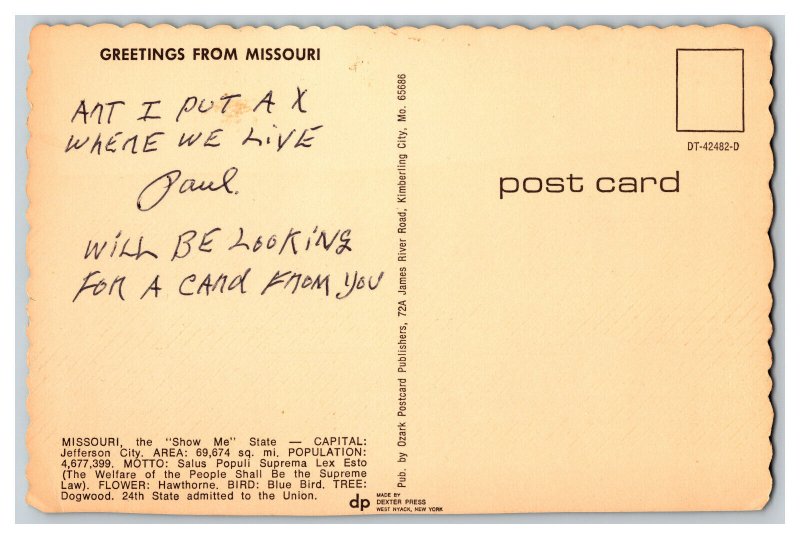 Postcard MO Greetings From Missouri Continental View Map Card 