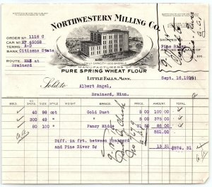 1916 LITTLE FALLS MINNESOTA NORTHWESTERN MILLING CO FLOUR BILLHEAD INVOICE Z661