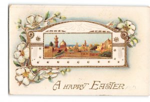 Easter Greetings Gold Enhanced Celluloid Postcard 1913 Floral Scenic View