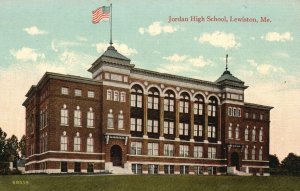 Lewiston Maine Jordan High School US Flag Brick Building Vintage Postcard c1910