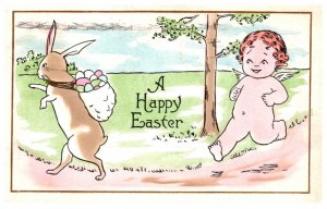 Easter Cherub chasing Rabbit with Eggs