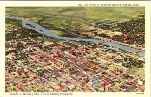 Pueblo, CO Colorado  DOWNTOWN & RIVER AERIAL VIEW  ca1940's Linen Postcard