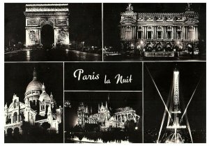 Paris at Night Arc de Triumph L'Opera Notre Dame Sacre Coeur RPPC Postcard