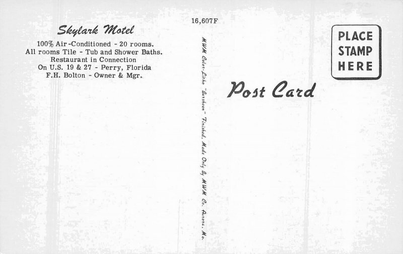 Perry Florida FL~Skylark Motel~Artist Rendering Postcard