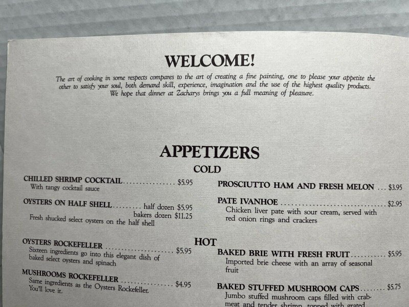 Vintage 80s Zachary's Restaurant Menu Louisville KY