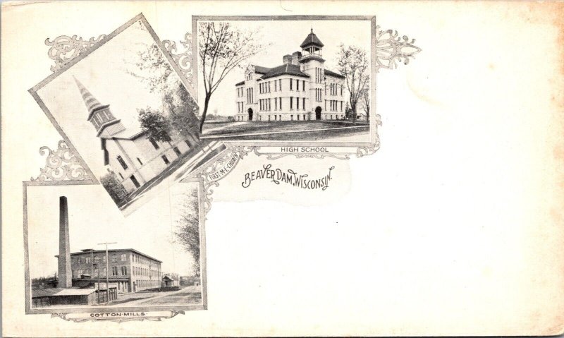 Beaver Dam Wisc High School Cotton Mill 1st ME Church Vintage Postcard c 1905