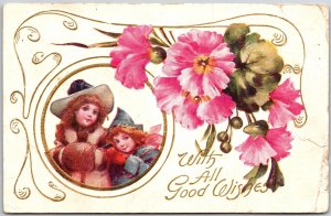 With All Good Wishes Pink Flowers & American Children In Frame Greeting Postcard