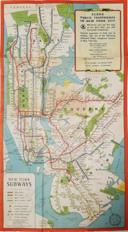 New York Subway Map Given to 1940s Military Recruits from NY Telephone Company