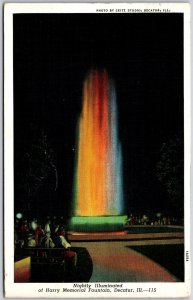1914 Nightly Illuminated Harry Memorial Fountain Decatur IL Posted Postcard