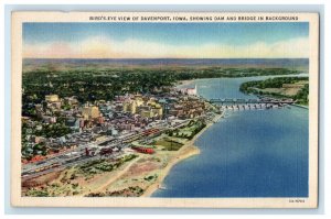 1935 Showing Dam, Bird's Eye View of Davenport Iowa IA Posted Vintage Postcard