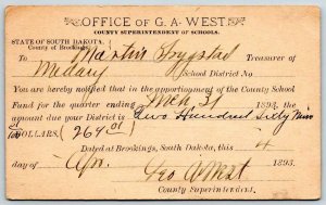 1893 SOUTH DAKOTA*BROOKINGS COUNTY*G A WEST SUPT OF SCHOOLS*MARTIN TRYGSTAD