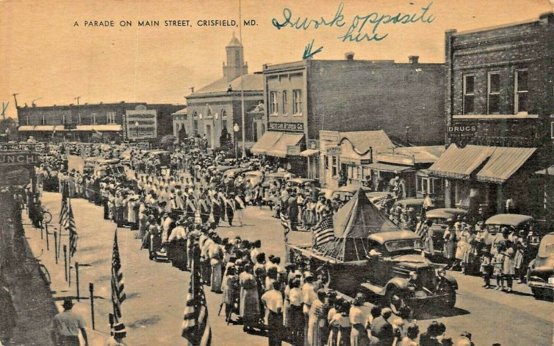 CRISFIELD MARYLAND~PARADE ON MAIN STREET~1940s MAYROSE PUBLISHED PHOTO POSTCARD 