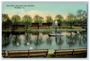 c1910 City Park Showing Lake Fountain Zoo Norfolk VA Antique Unposted Postcard