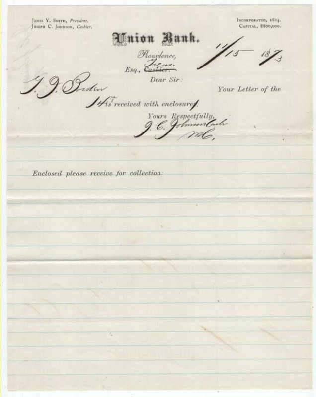 1873 Letterhead, UNION BANK, Providence, Rhode Island