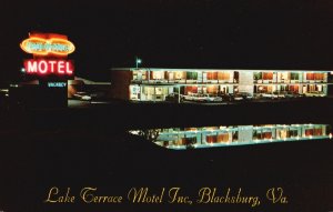 Vintage Postcard Nighttime Reflection Lake Terrace Motel Inc. Blacksburg VA