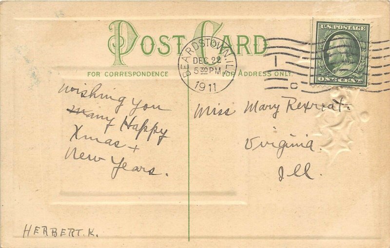 JOYFUL CHRISTMAS 1911 Embossed Postcard Winter Scene Holly