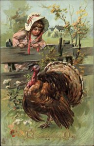 Tuck Thanksgiving Little Girl Visits Turkey c1910 Embossed Vintage Postcard