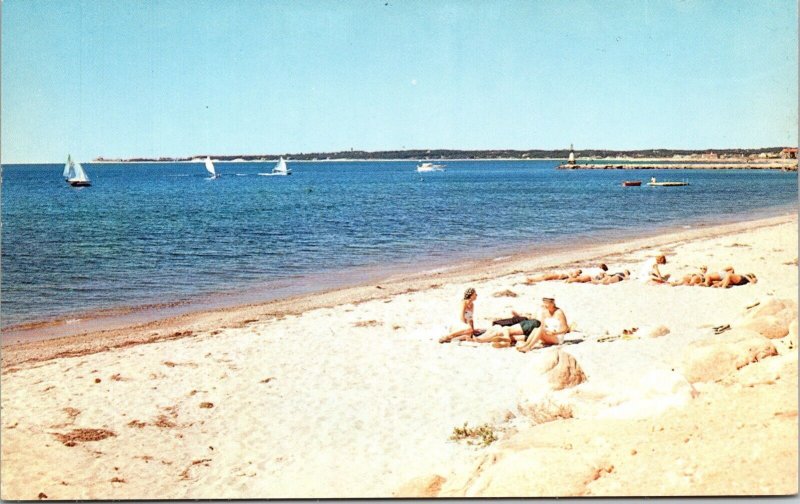 Greetings Rhode Island Beach Shoreline Ocean Sailboats Vintage UNP Postcard 