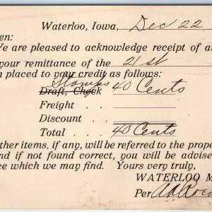 1915 Waterloo, IA Mfg. Manufacturing Co. Invoice Receipt Form Postcard Iowa A169