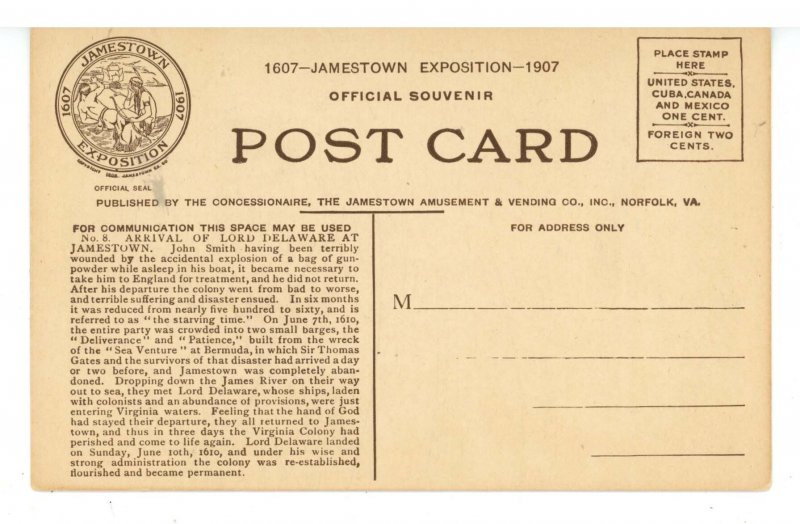 VA - Jamestown. 1907 Jamestown Exposition, Lord Delaware Arrival