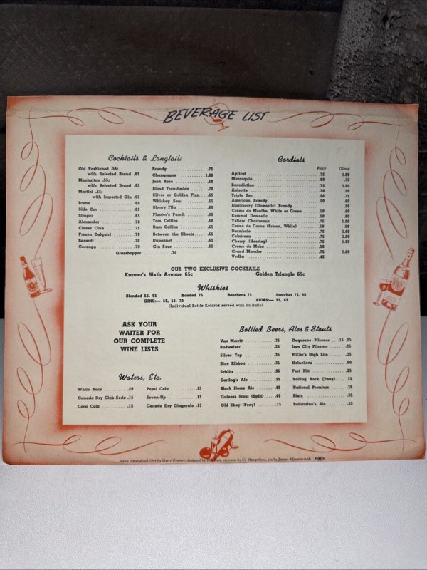 Vintage 1951 KRAMER'S Restaurant Menu PITTSBURGH Pennsylvania