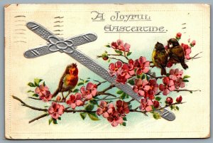 Postcard c1910 A Joyful Eastertide Embossed Tuck Birds Silver Cross Pink Blossom