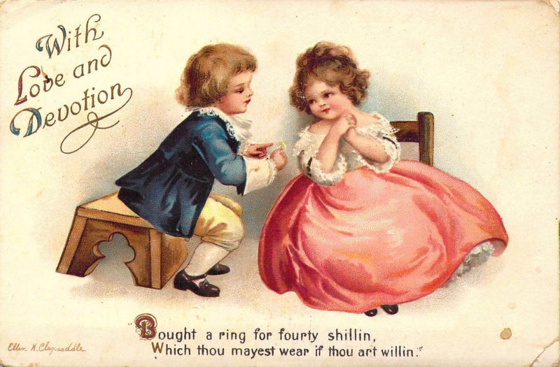 1913, Beautiful Valentine Children, Signed Clapsaddle,  Love , Old  Postcard