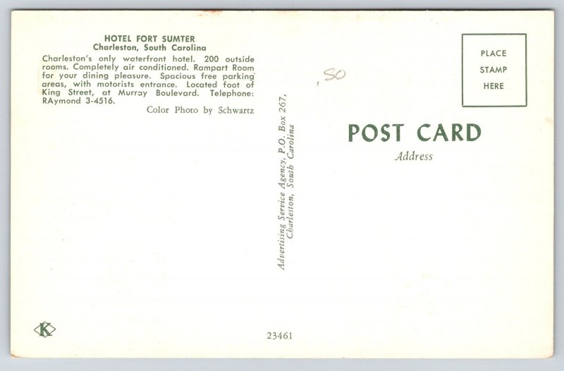 Charleston SC~Hotel Fort Sumter~Skyline~Dock~Tour Boats~Bridge~1950s Postcard