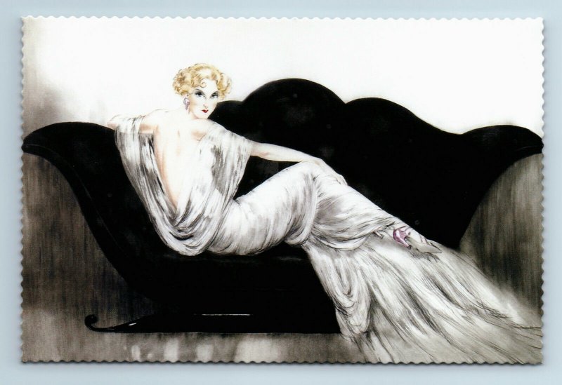 PRETTY LADY in White Dress on Black Sofa ART DECO by Louis Icart New Postcard