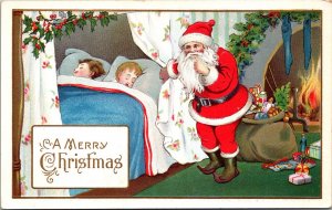 1915 Christmas Postcard Santa Children Sleep Fireplace Toys Stockings JM2