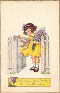 Posies and Good Wishes Little Girl Flowers Happy Birthday 1910c postcard