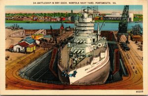 Vtg Battleship In Dry Dock Norfolk Navy Yard Portsmouth Virginia VA Postcard