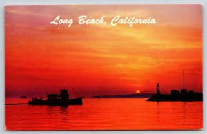 Long Beach California~View Of Ship In Harbor @ Sunset~Curteichcolor~Vintage PC