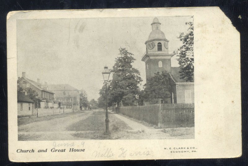 ECONOMY PENNSYLVANIA PA. CHURCH AND GREAT HOUSE VINTAGE POSTCARD 1905