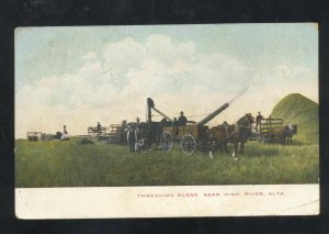 HIGH RIVER ALBERTA CANADA THRESHING SCENE FARMING VINTAGE POSTCARD 1906