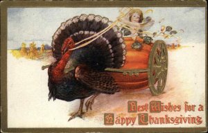 Thanksgiving Fantasy Little Boy Angel Pumpkin Car c1910 Vintage Postcard