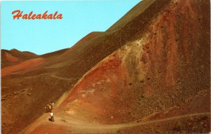 Postcard HI - Haleakala crater, Island of Maui - hikers on path