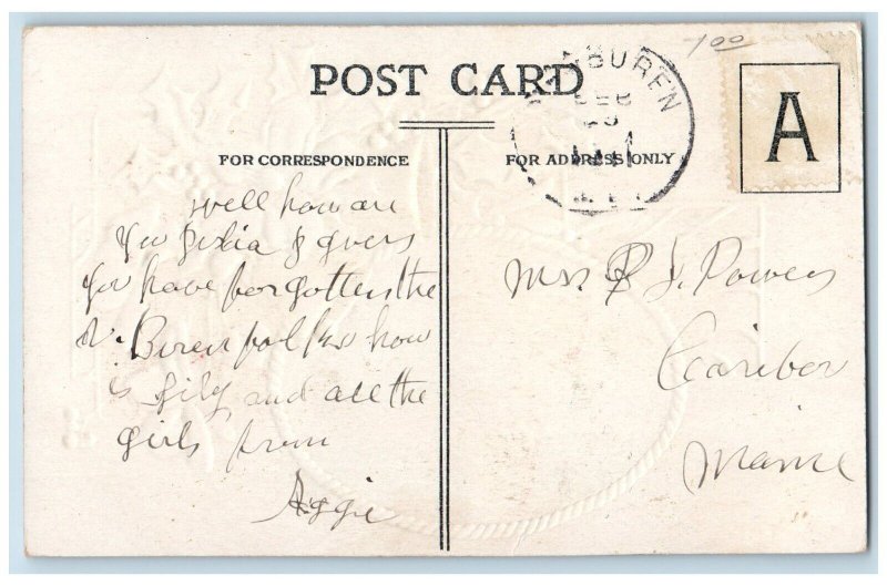 Van Buren Maine ME Postcard Christmas Flowers Berries Bells Winter Scene c1910's