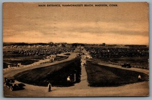 Postcard Madison CT c1936 Main Entrance Hammonassett Beach Old Cars