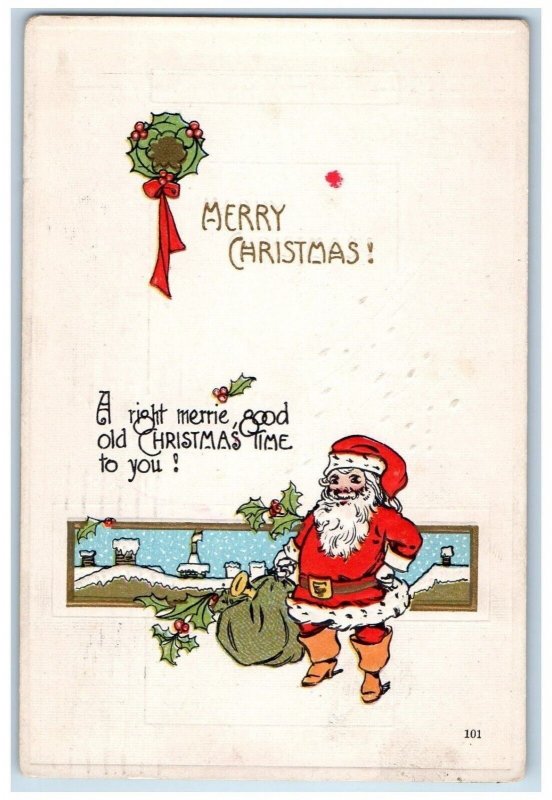 1914 Christmas Santa Claus Holding Socks Full Of Toys Holly Embossed Postcard 