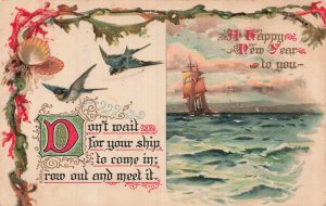 Vintage 1908 New Year Postcard with Sailing Ship & Swallows