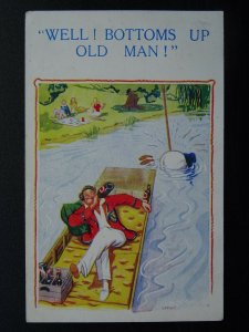 Punting & Drunk Theme WELL BOTTOMS UP OLD MAN c1950s Comic Postcard