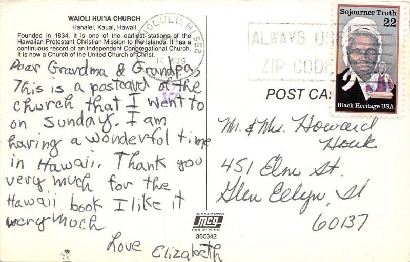 Hanalei Kauai Hawaii~Waioli Hui'ia Church~1986 Postcard