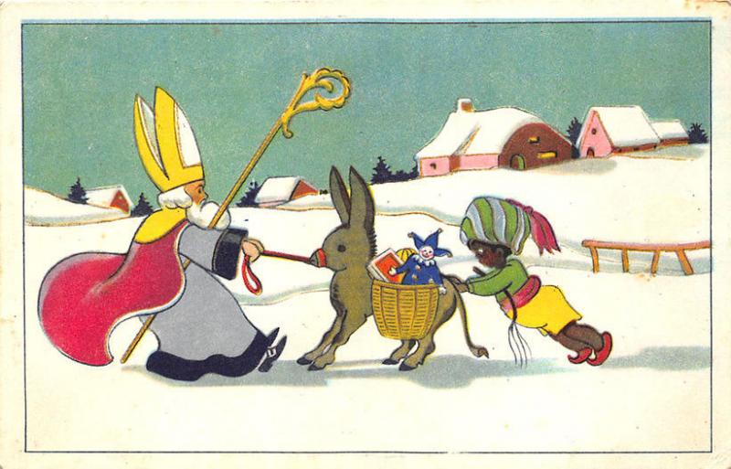 Christmas Gray Suited Santa Claus Donkey Child Belgium Postcard